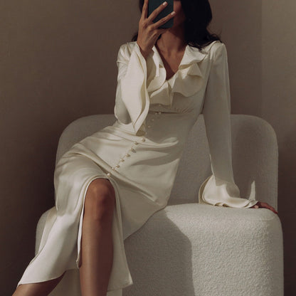 Women's pearl button ruffle midi dress lifestyle