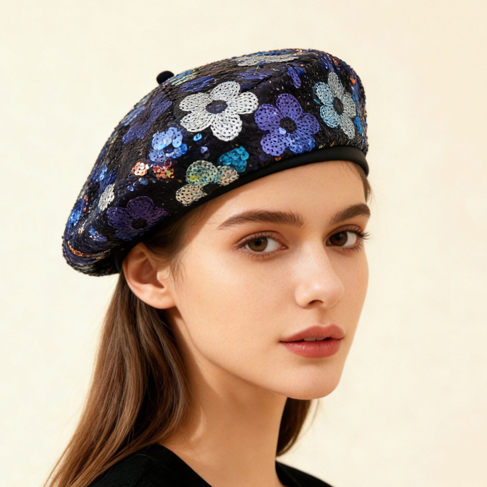 Sequin flower beret hat on model