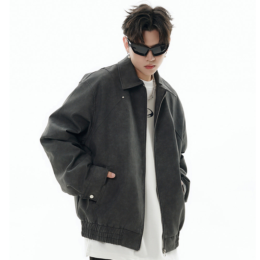 Men's loose casual polo collar leather coat outerwear