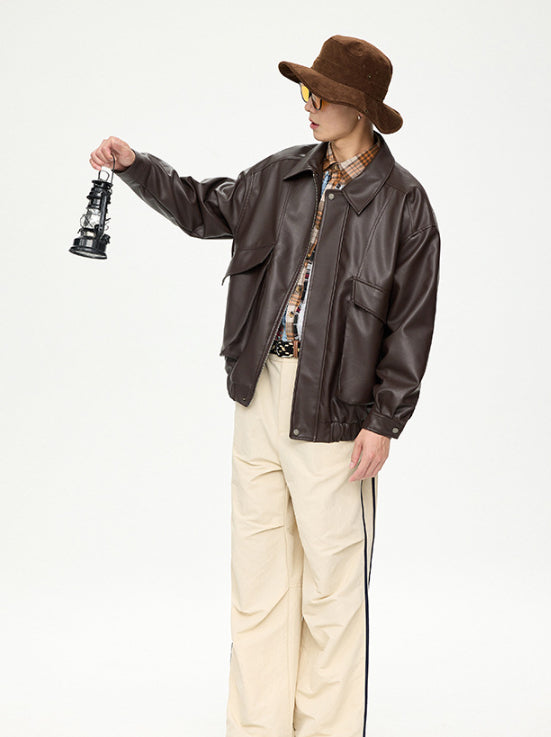 Men's retro street PU jacket collar detail