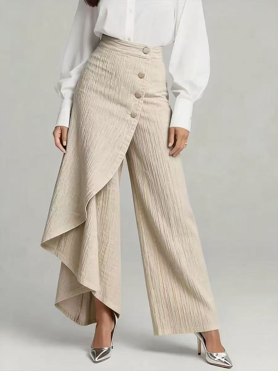 Ruffled button straight pants styled