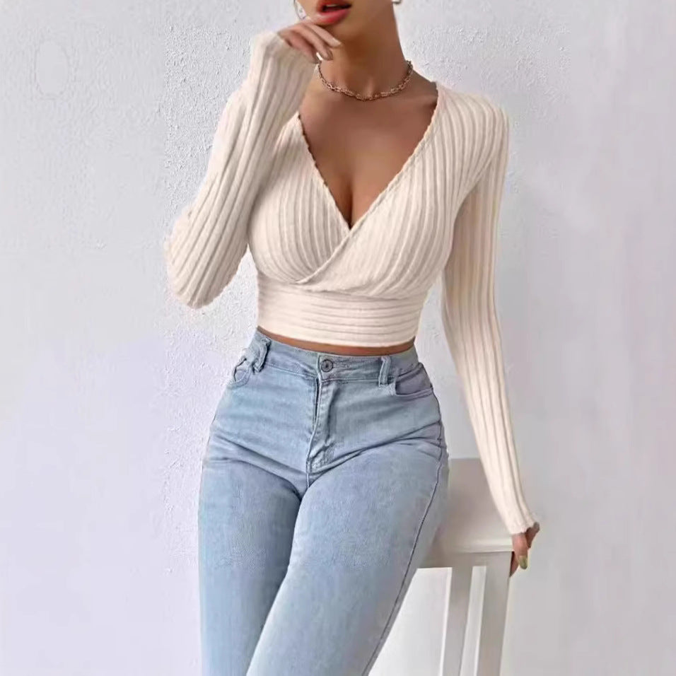 Deep V slim knit sweater side view