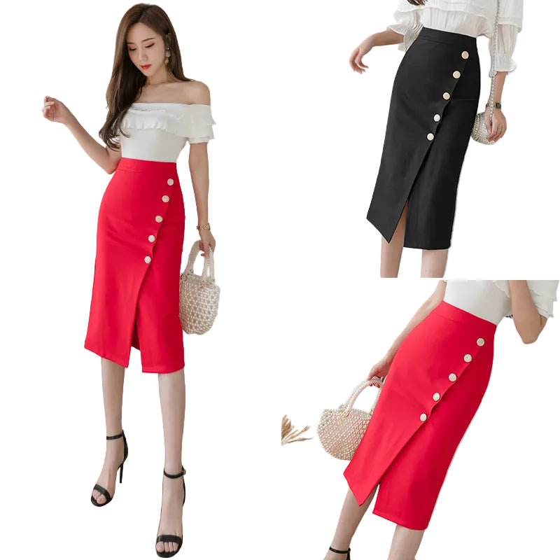 Collage of a woman wearing a red skirt with white buttons and a black skirt with white buttons, standing in a room.