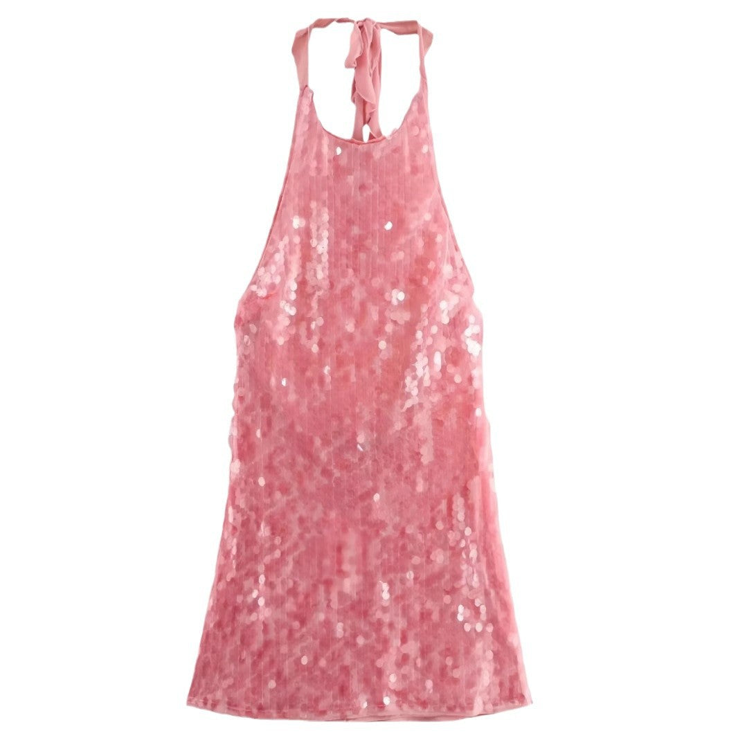 Beaded halter backless dress back view