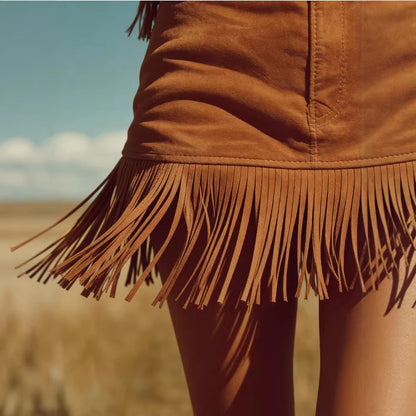 Suede Fringe Boho Skirt