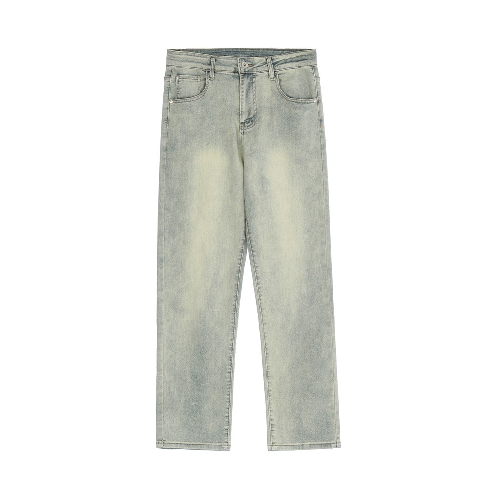 Men's washed printed jeans fabric close-up