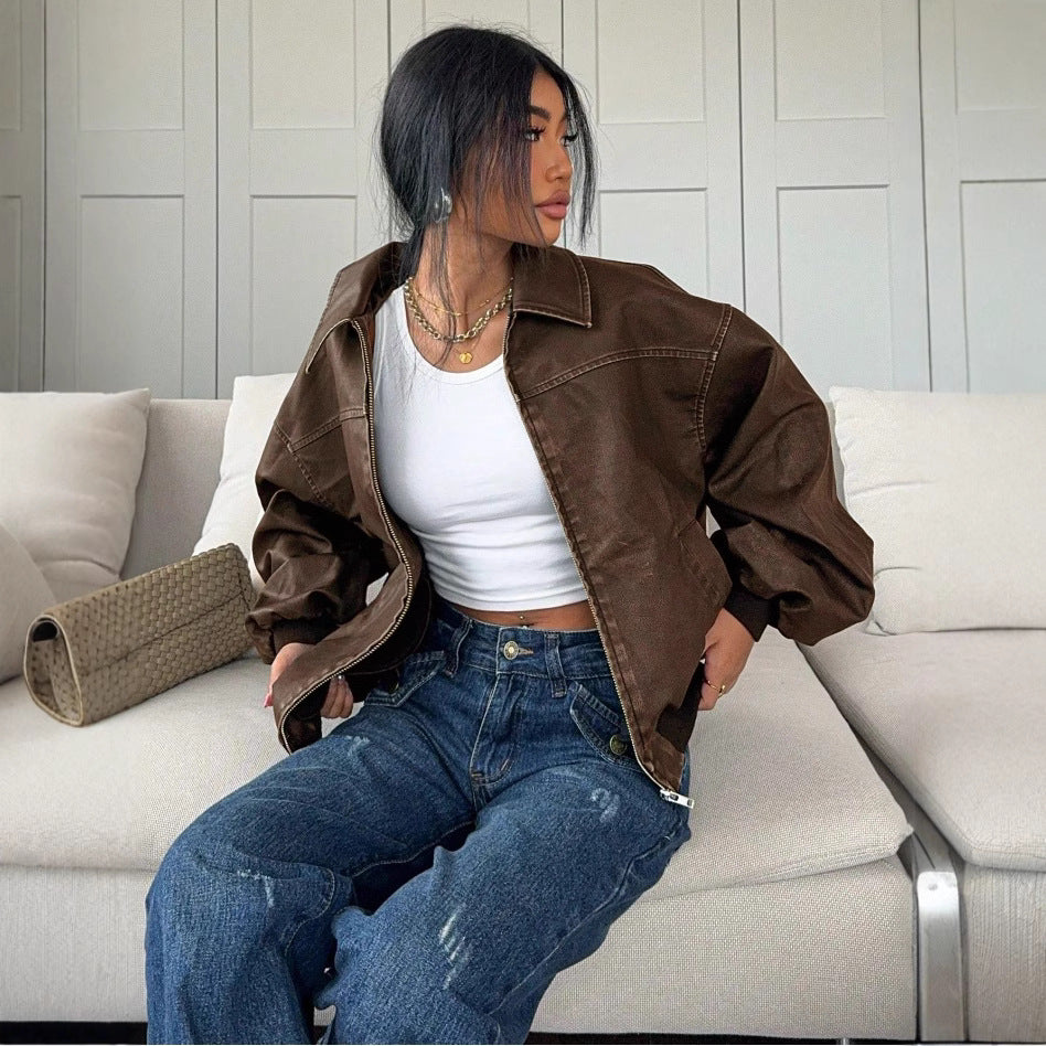 Women's distressed leather jacket lifestyle