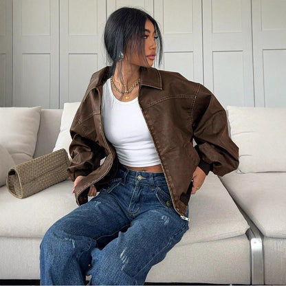 Women's distressed leather jacket lifestyle