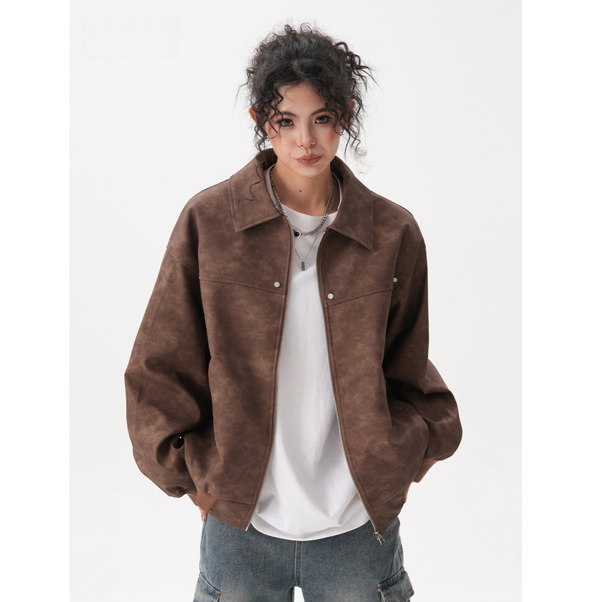 Retro brown Maillard jacket collar detail