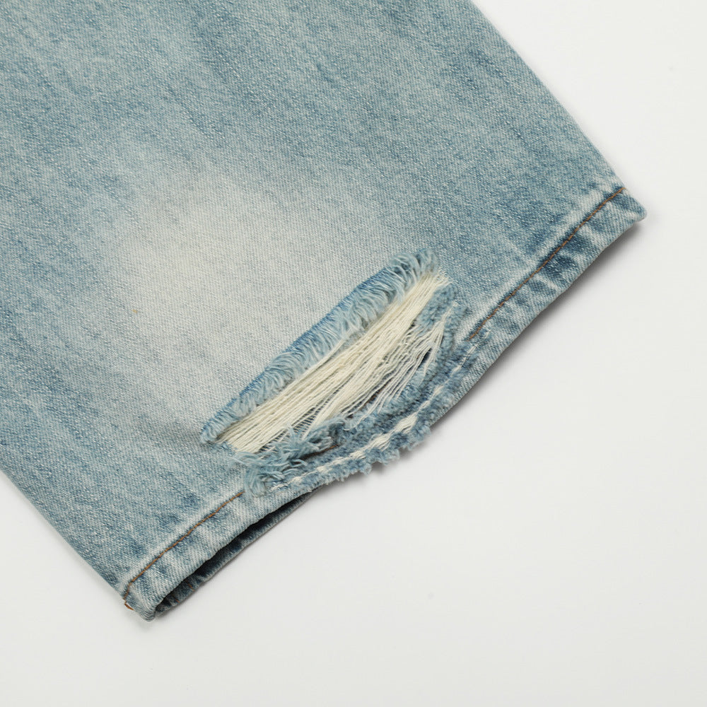 Men's vintage washed straight jeans full length model