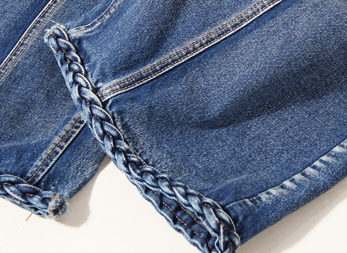 Braided wide leg jeans waistband detail