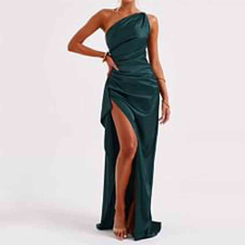 One shoulder satin dress styled