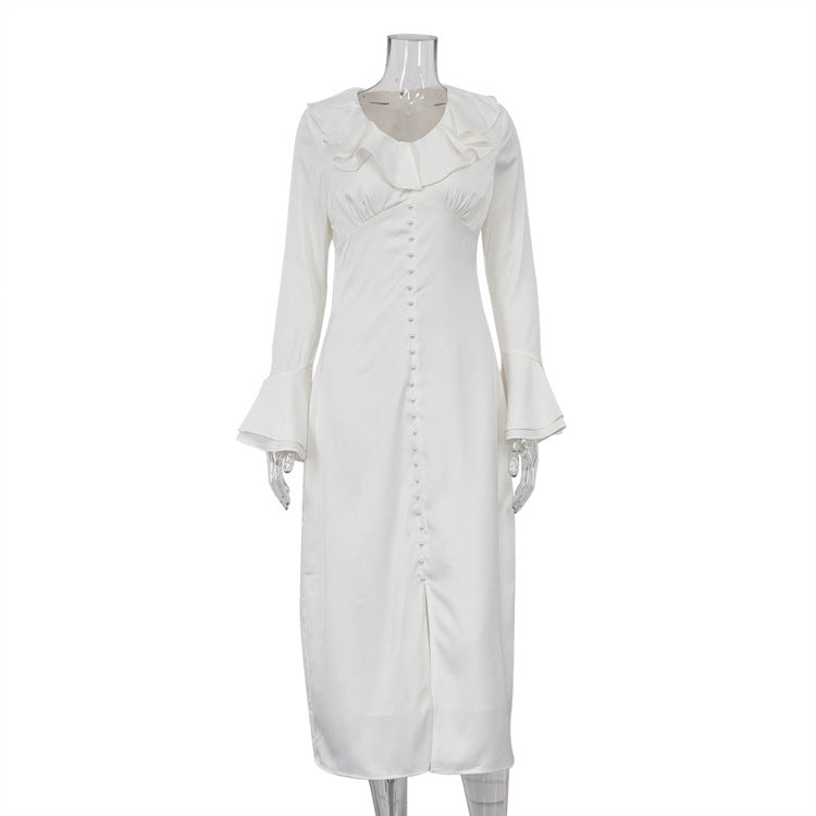 Women's pearl button ruffle midi dress button detail