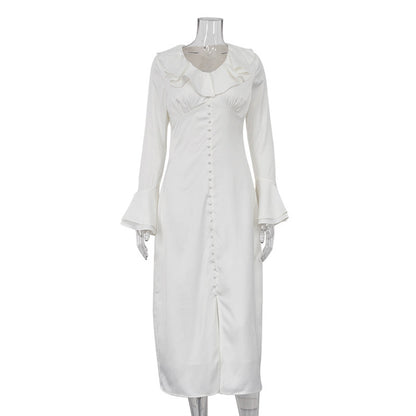 Women's pearl button ruffle midi dress button detail