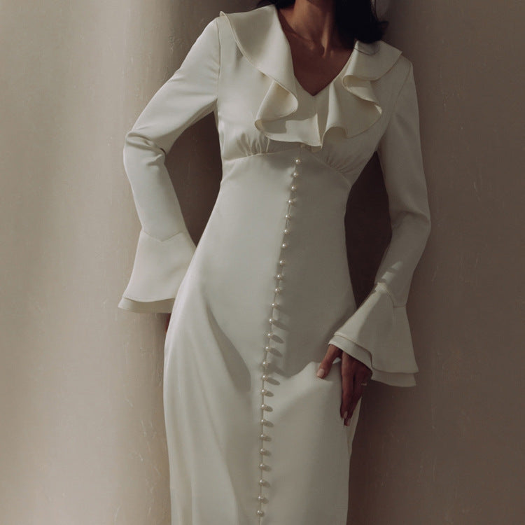 Women's pearl button ruffle midi dress back view