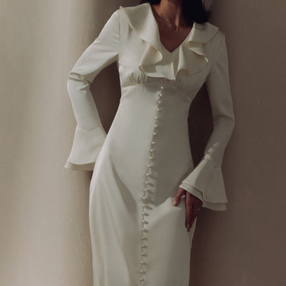 Women's pearl button ruffle midi dress back view