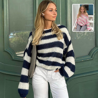 Loose striped knit sweater side view