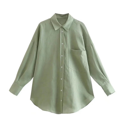 Women's estate linen shirt full length model