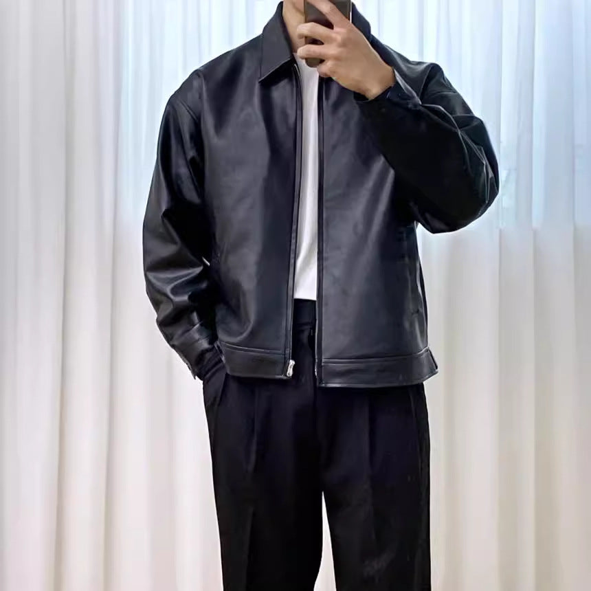 Men's leather moto baseball jacket collar detail