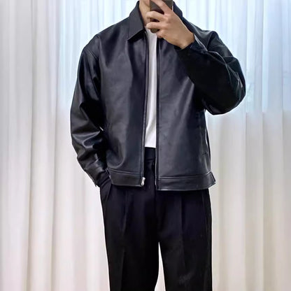 Men's leather moto baseball jacket collar detail