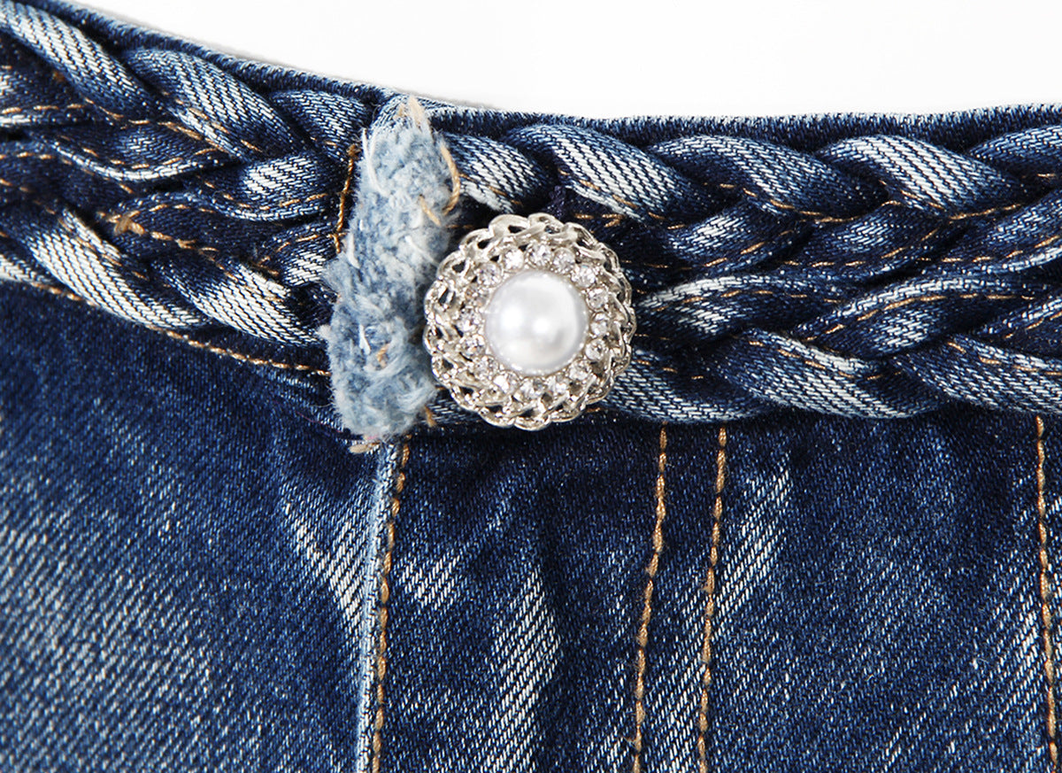 Braided wide leg jeans fabric close-up