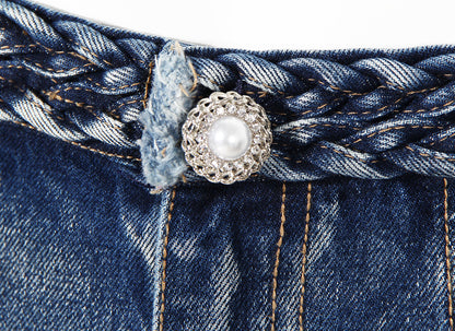Braided wide leg jeans fabric close-up
