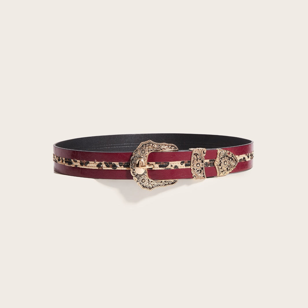 Carved buckle leather belt on model