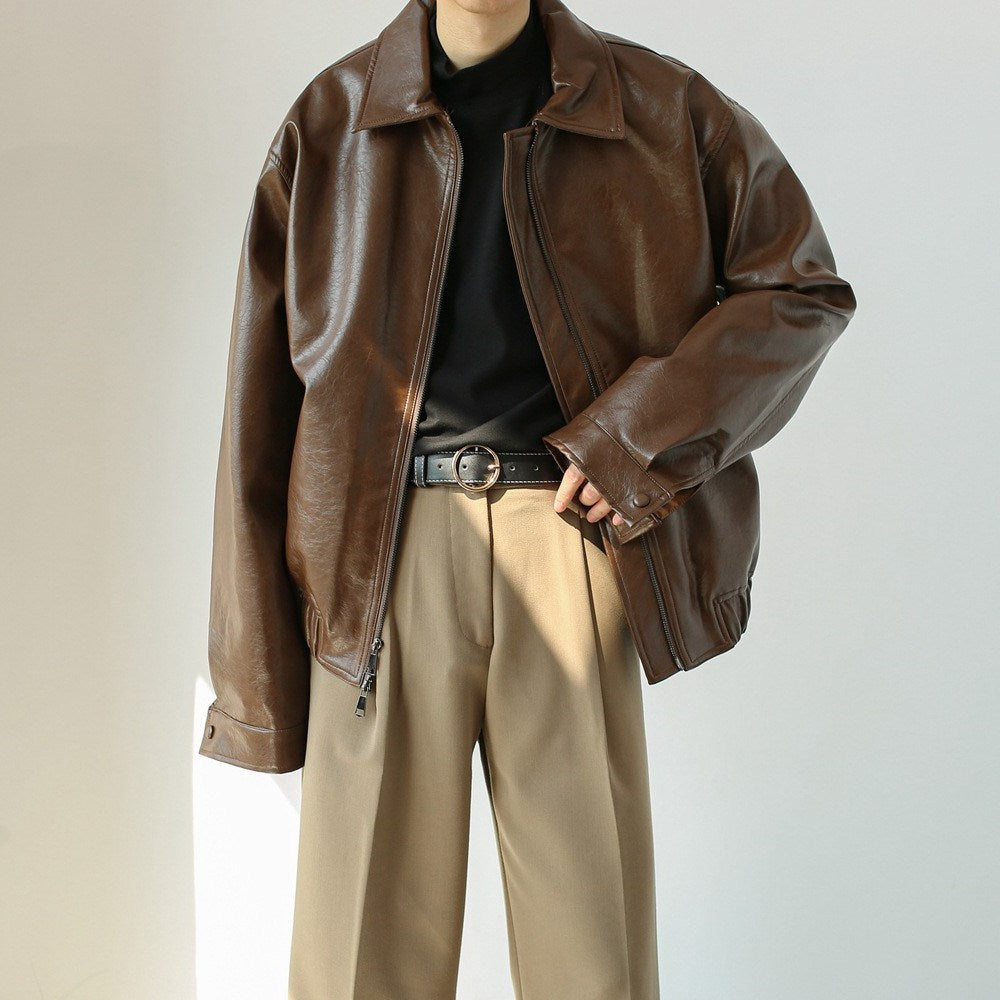 Retro short leather coat side view