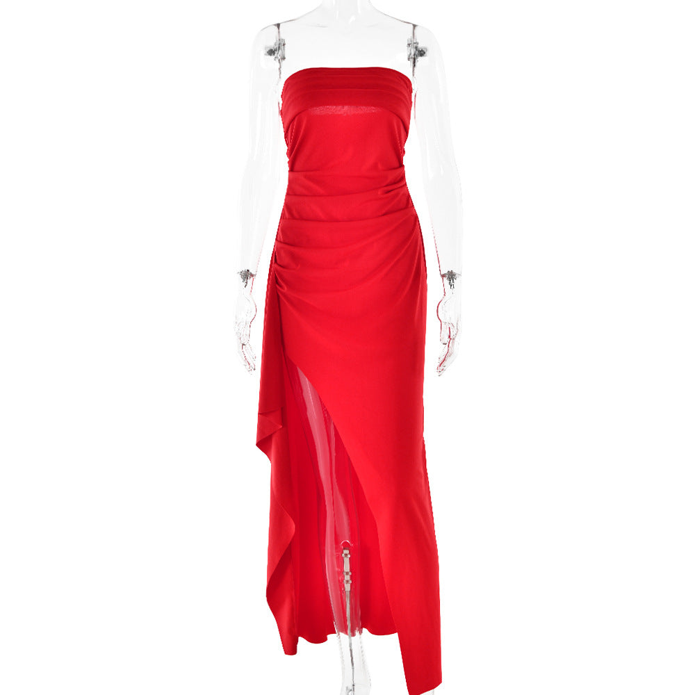 Strapless pleated split dress styled